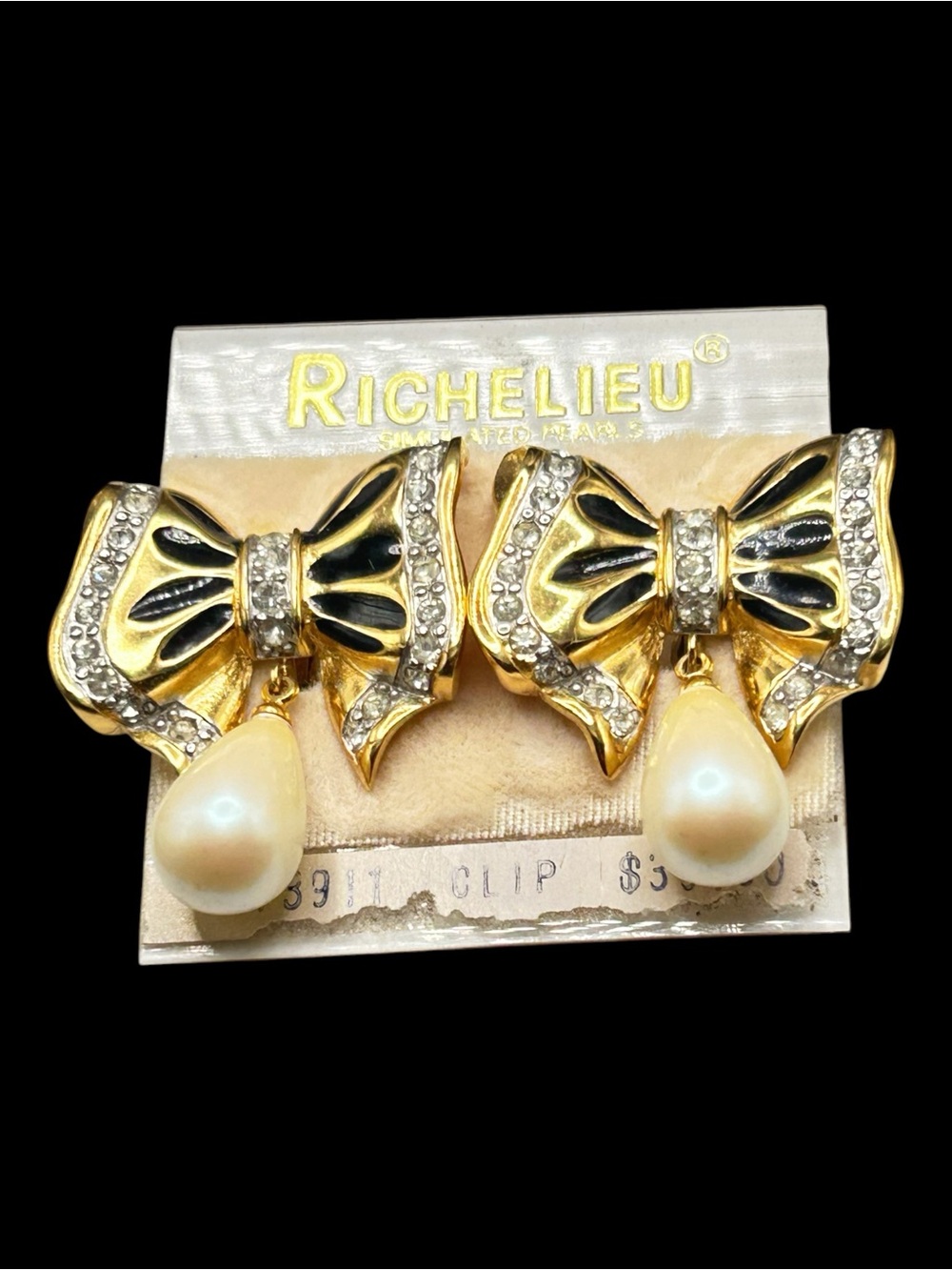 Vintage Richelieu Pearl Drop Rhinestone Bow Earrings